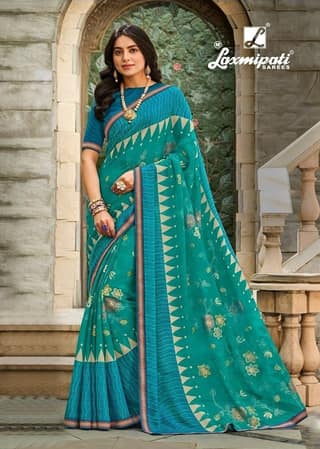Turquoise Color Foil Print Chiffon Saree With Fancy Border And Fancy Blouse Piece