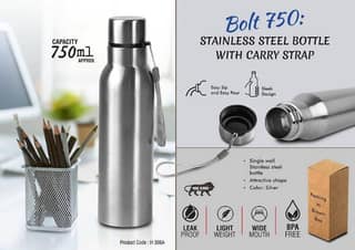 Bolt 750 Stainless Steel Water Bottle (750ml, Silver) | Leak Proof & Lightweight | Daily Use