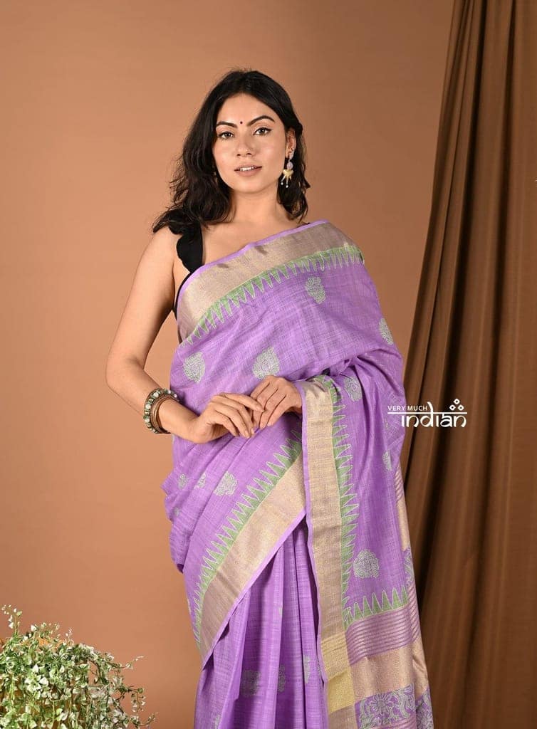 Khadi Handloom - Pure Cotton Handblock Printed Saree -Lilac view 2