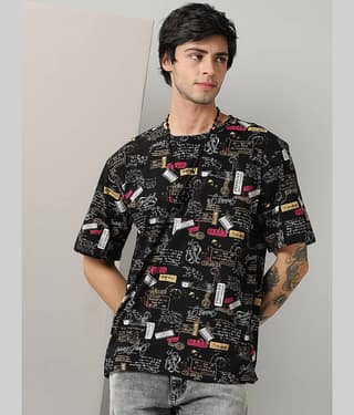 RodZen Cotton Oversized Fit Printed Half Sleeves Men's Round T-Shirt - Black ( Pack of 1 )