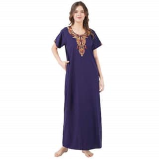 KOI SLEEPWEAR lissybissy Cotton Resham Embroidery Nighty Night Gown Maxi for Women A line (Navy Blue)