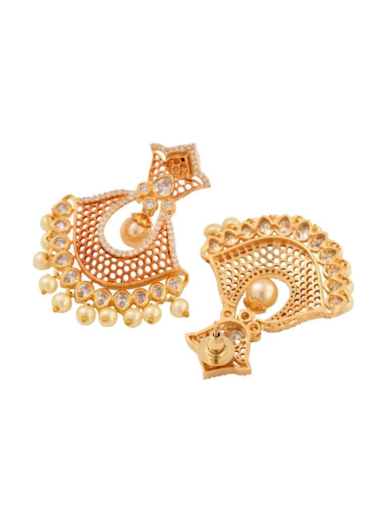 Rose Gold Plated AD Studded Modern Chandbali Pearl Drop Earrings view 5