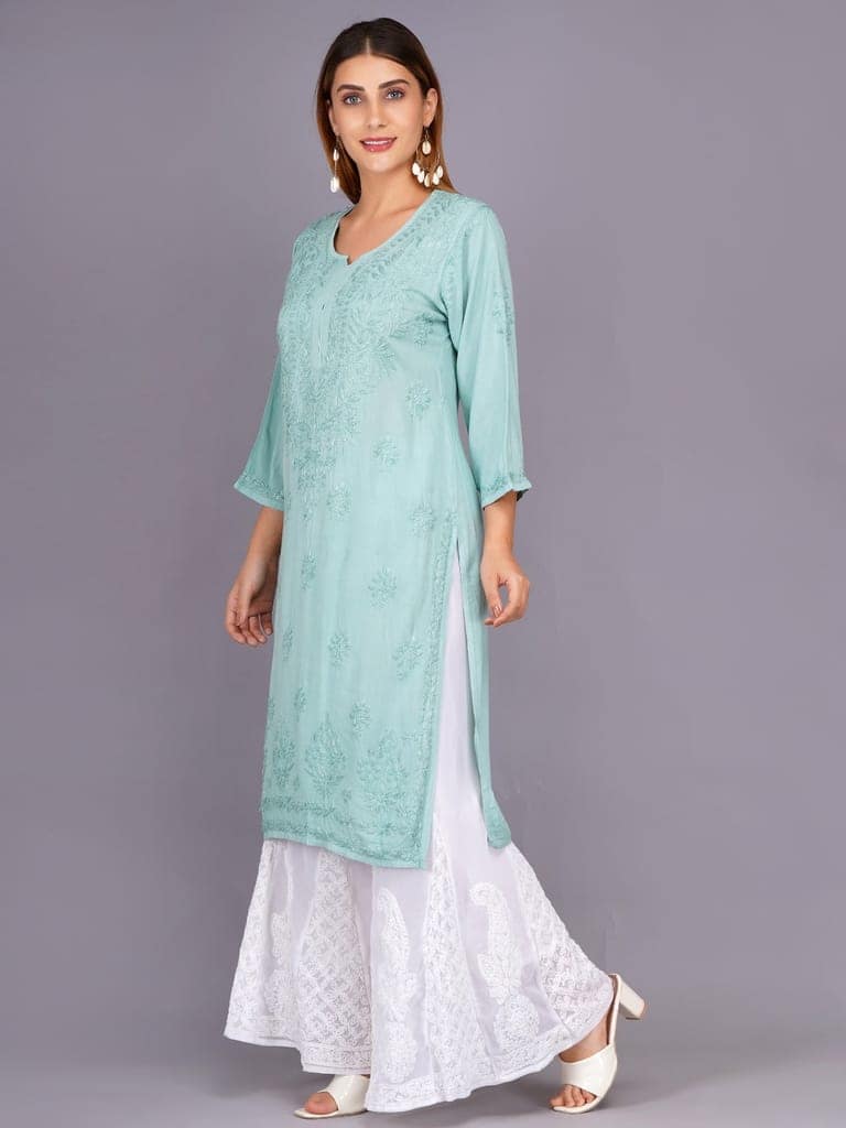 Mrs Right Women's Handcrafted Lucknow Chikankari Top | Premium 22 Kg Reyon Fabric |Green Embroidered Casual Ethnic Kurti view 4