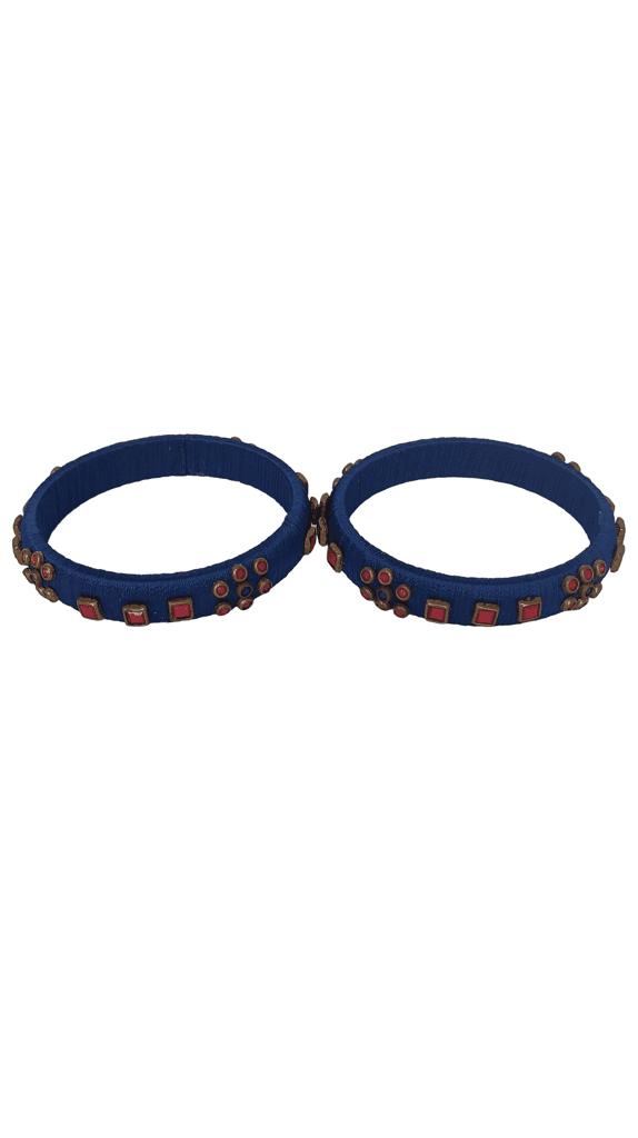 Blue Silk Thread Bangle with Red Stone and Pearl Embellishment view 2