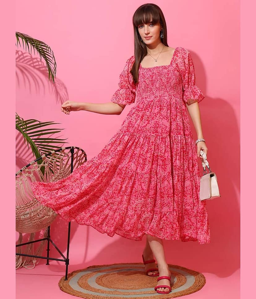 Sheetal associates Women Georgette Printed Fit & Flare Dress ( Pink )