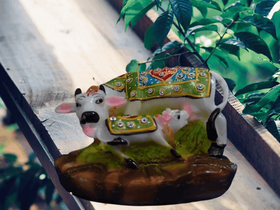 Handcrafted Kamdhenu Cow & Calf Idol with Kundan Work - Home Decor & Gifting