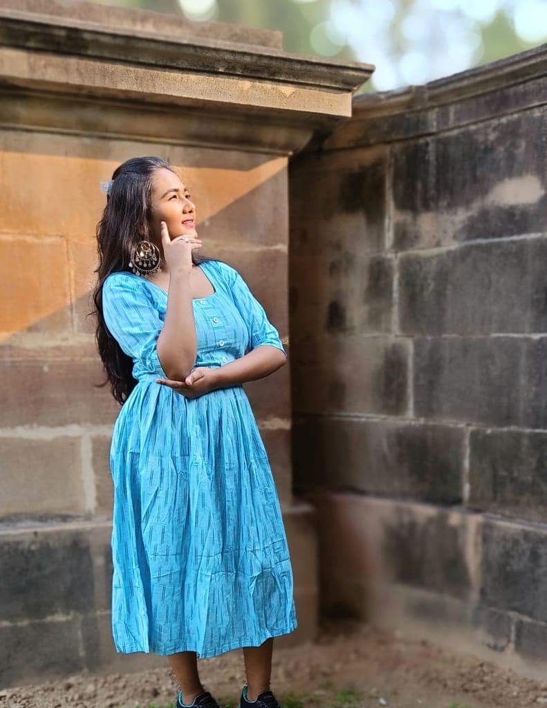 Pure Cotton Ikkat Dress Light Sky Blue Colour (Size XXS(32) to Plus Size(56))-3788 view 3