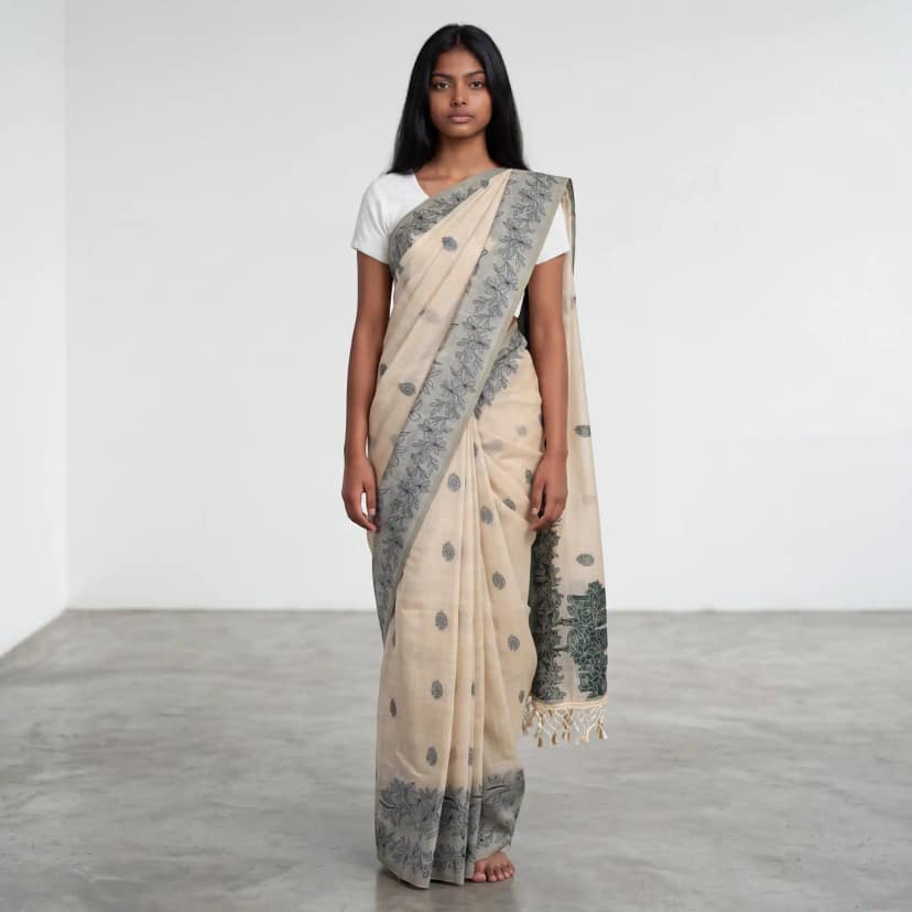 Handwoven Sambalpuri Cotton Saree in Beige with Baandha Ikat Border