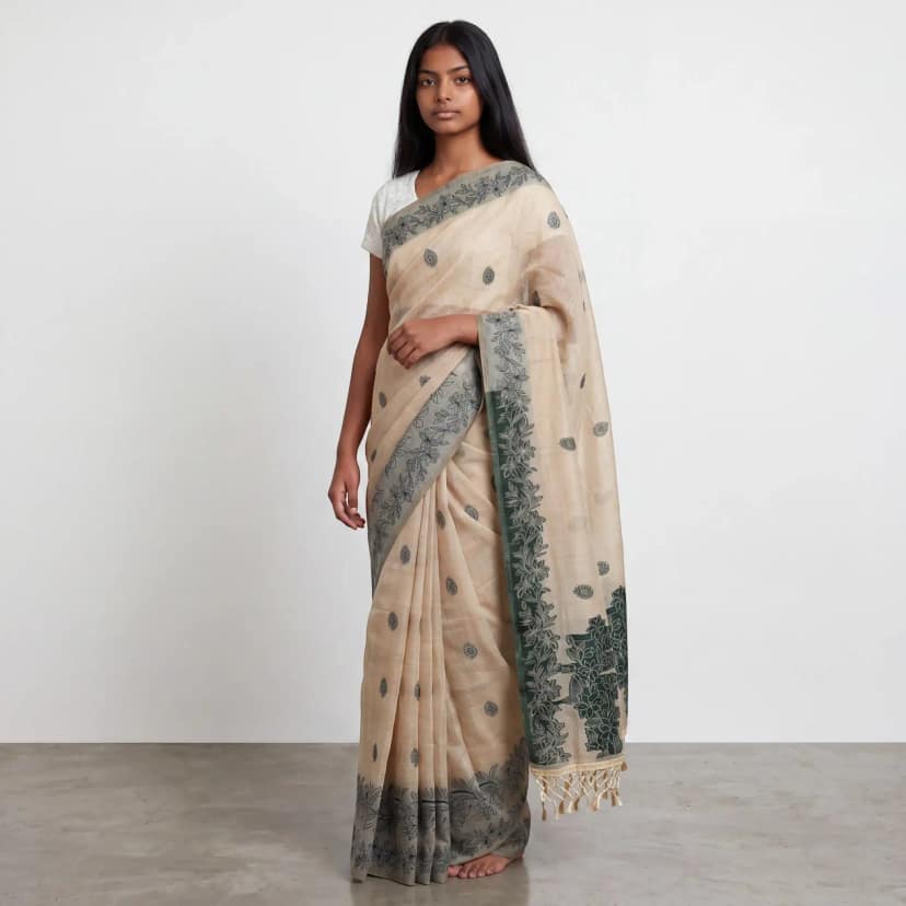 Handwoven Sambalpuri Cotton Saree in Beige with Baandha Ikat Border view 2