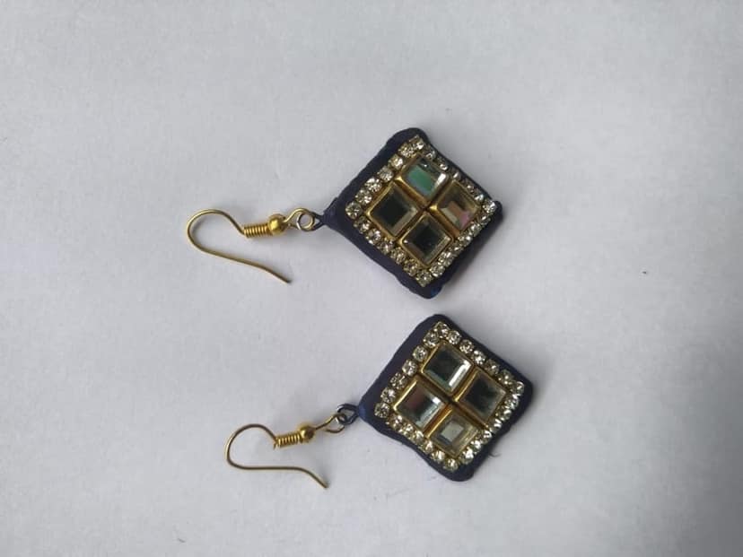 Blue and gold square-shaped earrings view 2