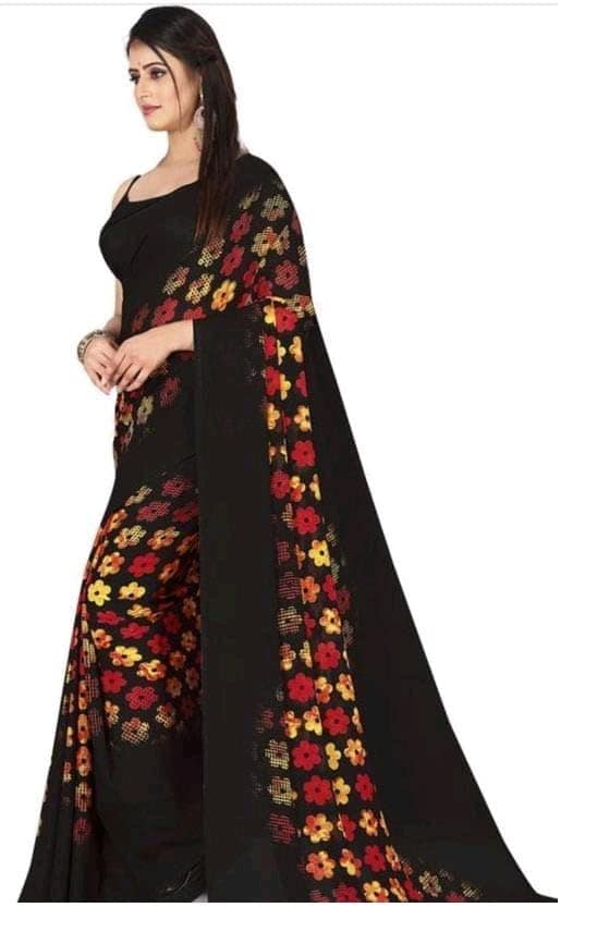 KHUSHBOO DESIGNERS Women's Solid Georgette 5.5 Meter Saree with Unstitched Blouse Piece (Black). view 2