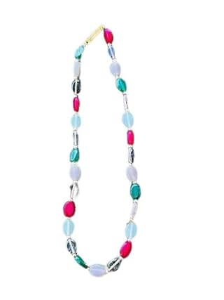 Handcrafted Multi-Gemstone Beaded Necklace, Green, Red, Gray, Mint with Gold Accents, Oval Stone Design