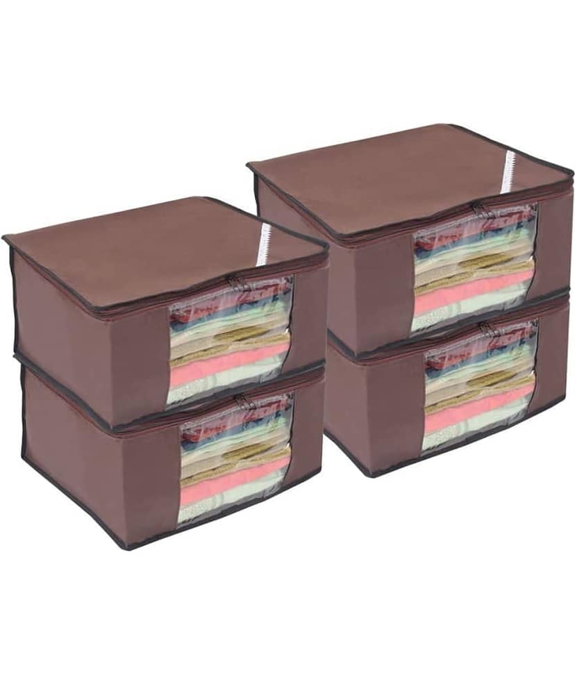 PrettyKrafts Clothes Storage Bags Organizer [4-Pack] Zippered Clothing Storage Bags Containers, Collapsible Closet Storage Bin for Clothes, Comforters, Saree - Brown