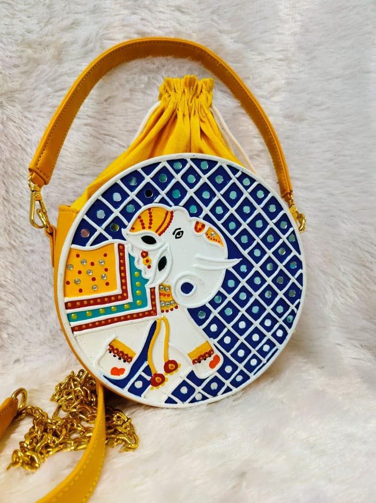 Elephant Lippan Art Handcrafted Potli Bag with Sling view 4