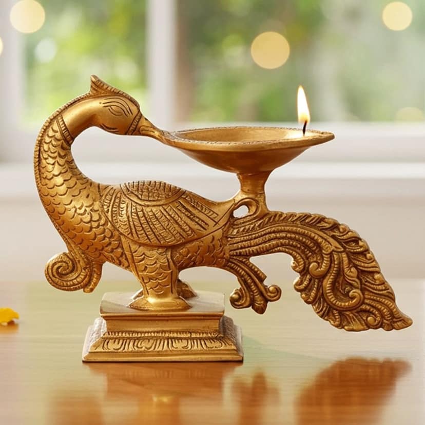 Brass Peacock Diya Jyoti Deepak Oil Lamp 1 Wick - Elegant Deepak for Home Puja, Height : 5 Inch (BSMAS1166 A)