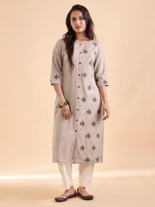 Light Brown Cotton Flax Plain Kurti With Embroidery