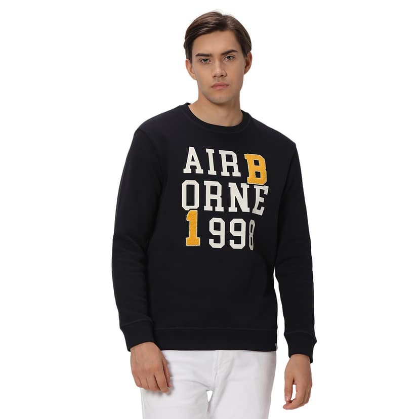 Mufti Navy & Yellow Plain Knitted Fleece Sweatshirt