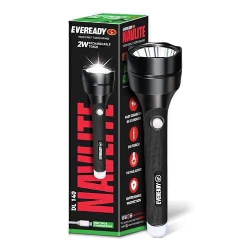Eveready Navlite DL140, Rechargeable 2W Led Torch + 1W Emergency Tail Light, Metallic Finish, Type B/Micro USB Charging, Overcharge Protection, Powered By BIS Certified Li-Ion Battery view 2