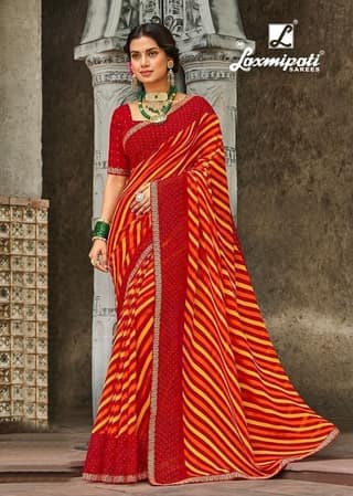 Multicolor Color Laheriya Print Georgette Saree With Fancy Border And Fancy Blouse Piece