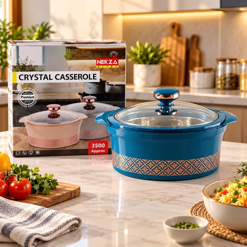 Crystal Casserole with Stainless Steel Inner Bowl and Glass Lid (3500 ML)