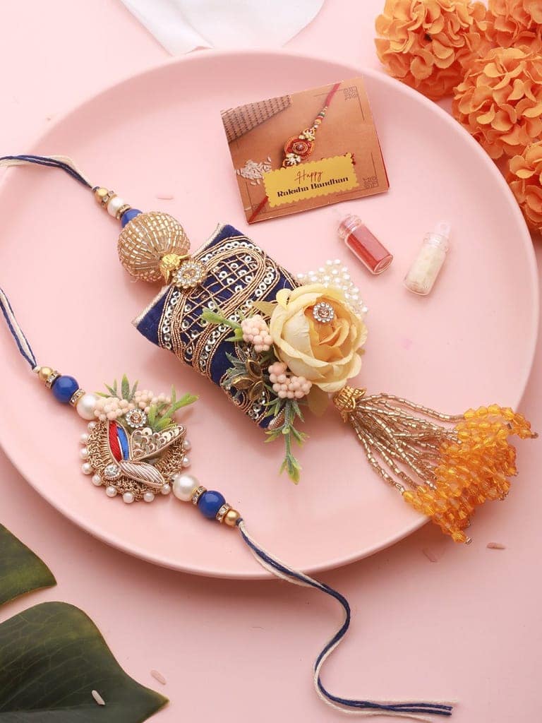 Set of 2 Kundan & Pearl Beaded Handcrafted Designer Rakhi Set For Bhaiya & Bhabhi with Roli Chawal view 2