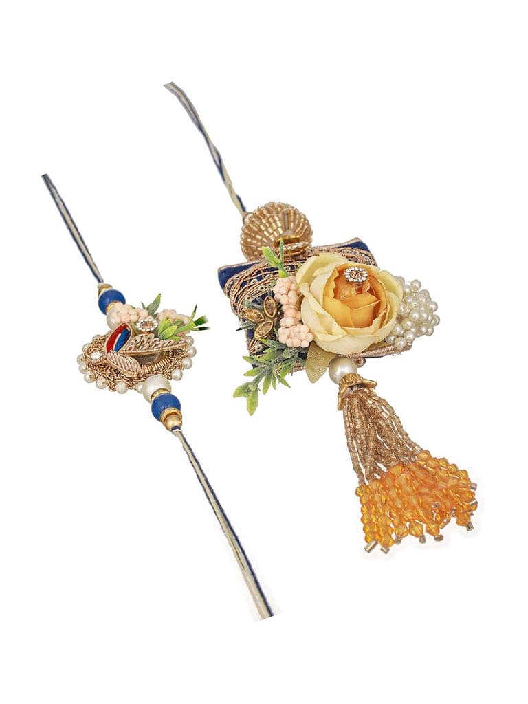 Set of 2 Kundan & Pearl Beaded Handcrafted Designer Rakhi Set For Bhaiya & Bhabhi with Roli Chawal view 3