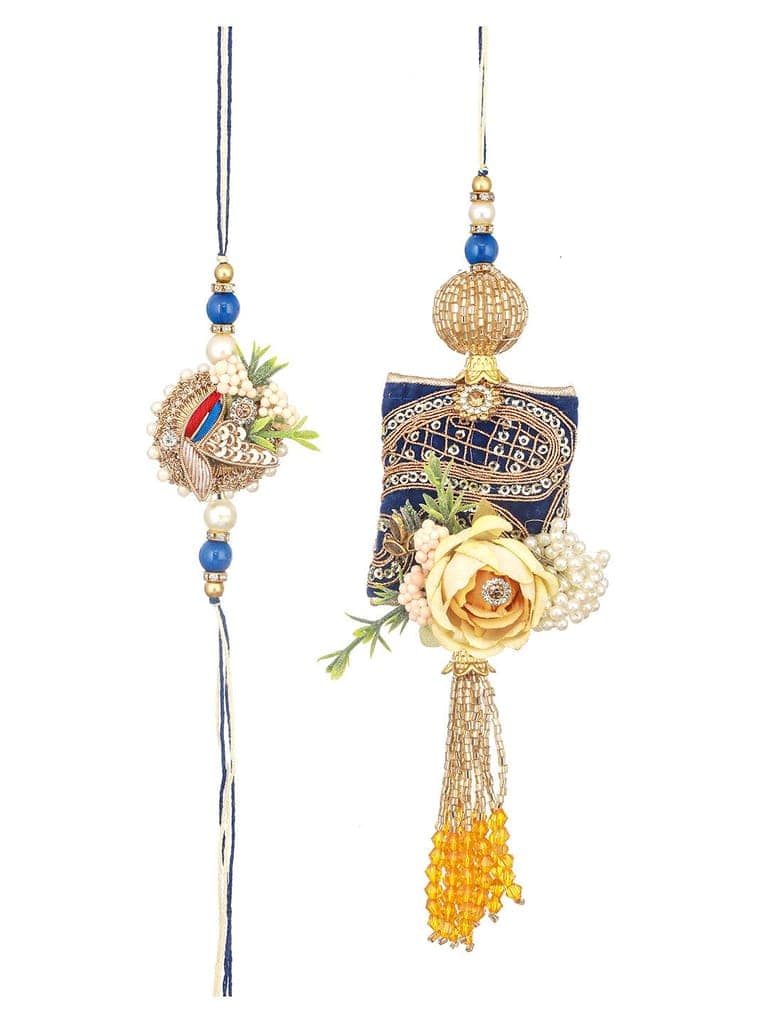 Set of 2 Kundan & Pearl Beaded Handcrafted Designer Rakhi Set For Bhaiya & Bhabhi with Roli Chawal view 5