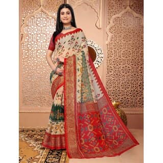 Off White And Pink Colour Printed Ikkat Printed Saree