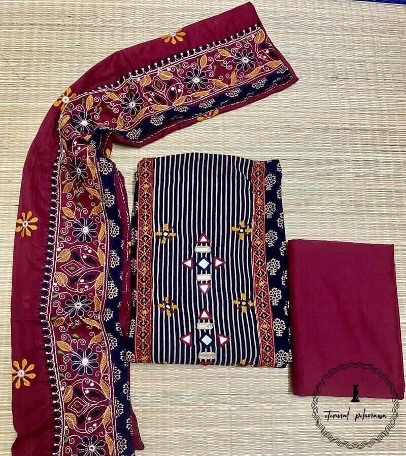 Ajrakh Print with Gujarat Gamthi Full Embroidery Suit view 4