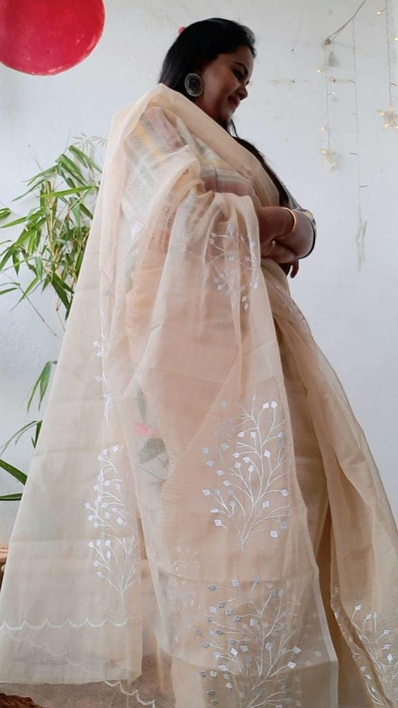 Kota Doria Saree Embroidered Cloudy Brown Color with blouse Handcrafted-2658 view 5
