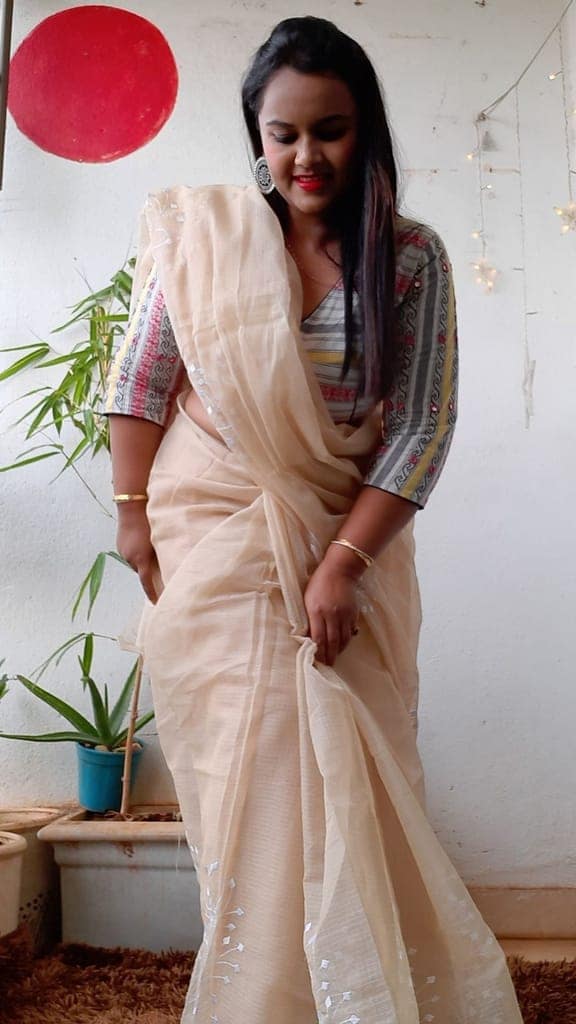 Kota Doria Saree Embroidered Cloudy Brown Color with blouse Handcrafted-2658 view 7