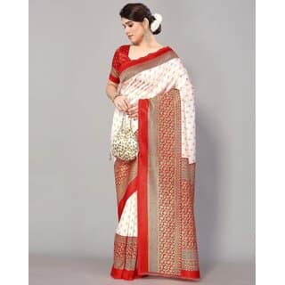 White And Red Colour Art Silk Printed Saree