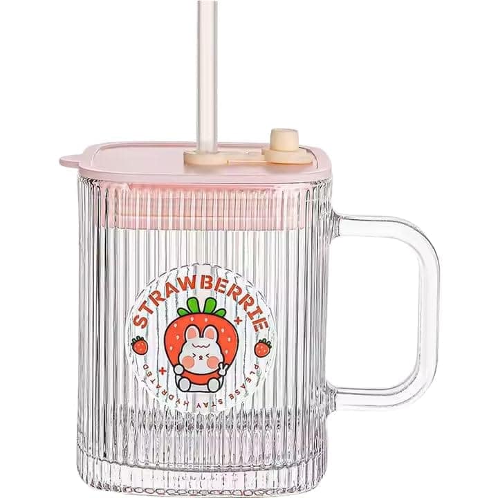 Juice Drinking Glasses 400 ML Coffee Mugs with Handle Lid and Straw Tumbler Travel Sipper Cup for Milk Juice Cocktail Iced Tea Hot Cold Drink Kids Cup (Set of 1) Multi-Colour