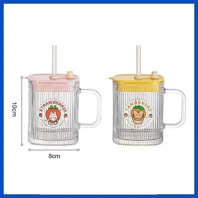 Juice Drinking Glasses 400 ML Coffee Mugs with Handle Lid and Straw Tumbler Travel Sipper Cup for Milk Juice Cocktail Iced Tea Hot Cold Drink Kids Cup (Set of 1) Multi-Colour view 2