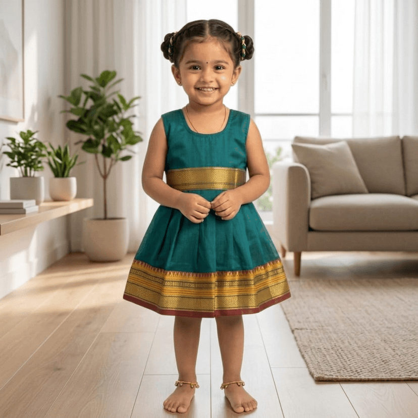 Baby Girls Summer Frock Dress (0–5 Years) | Soft Acrylic Cotton with Pure Cotton Lining | Sleeveless Round Neck | Lightweight & Breathable (in, Age, 3 Years, 4 Years, Regular, Morpankhi) view 3