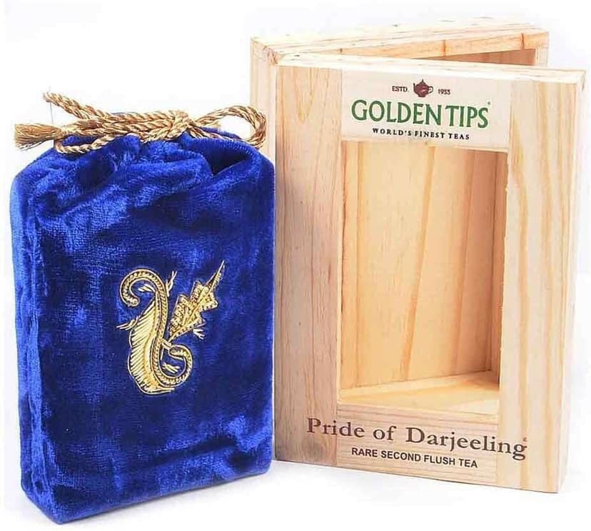 Golden Tips Rare Second Flush Darjeeling Tea Pinewood Box in The Packing of Zardosi Work on Velvet Pouch (100 Gram, 50 Cups) view 3