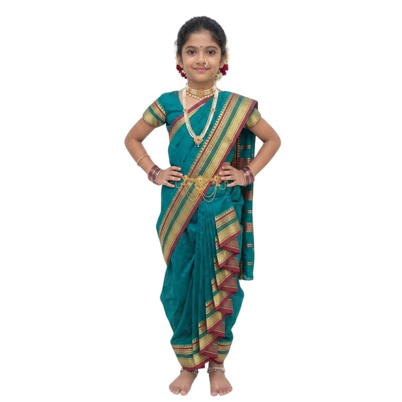 Mom and Me Girls' Ready-to-Wear Mastani Nauwari Saree with Stitched Blouse | Traditional Maharashtrian Ilkal Border | Soft Acrylic Cotton | Age 12 Months to 15 Years (Morpankhi, 2-3 years)