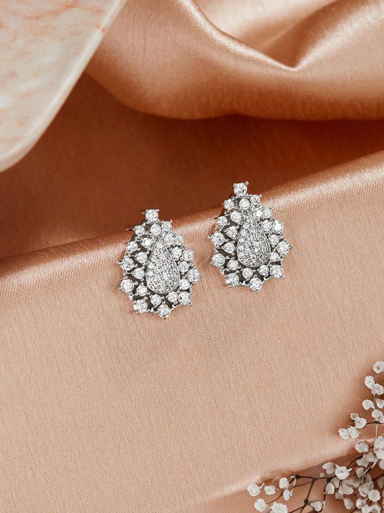 925 Sterling Silver Rhodium Plated Cubic Zircon Pear Shaped Studds Earrings