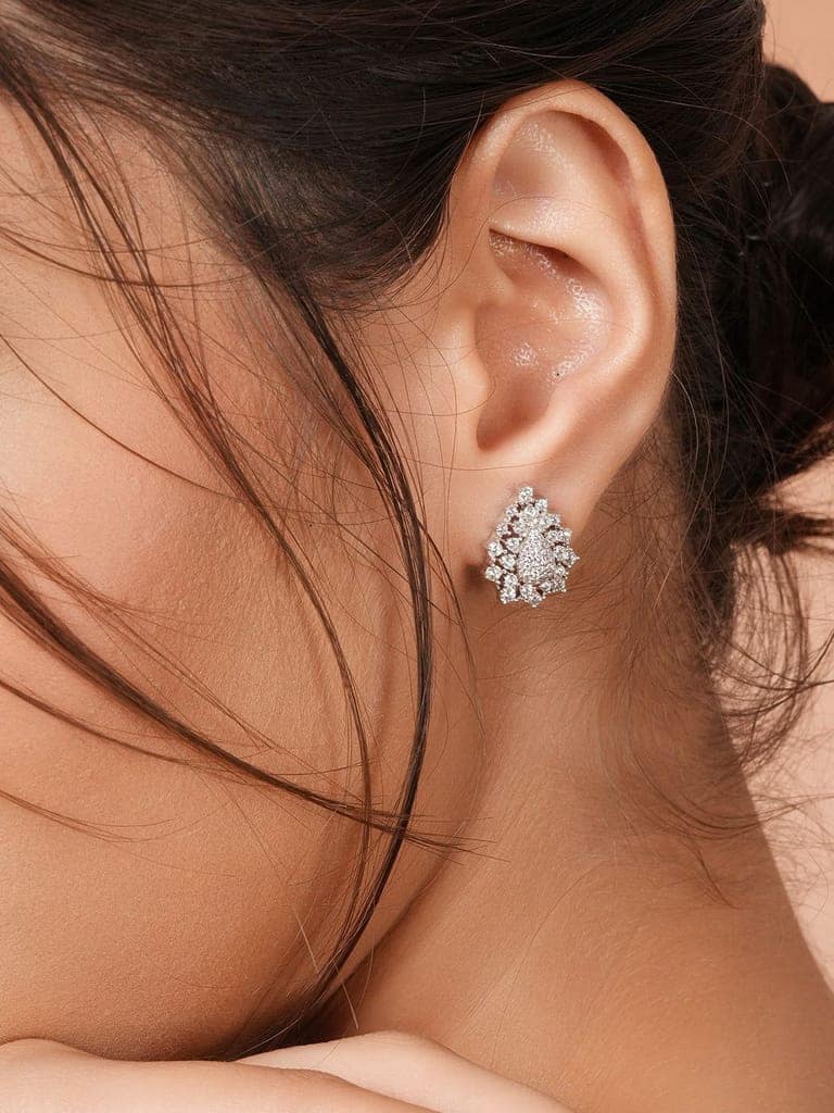 925 Sterling Silver Rhodium Plated Cubic Zircon Pear Shaped Studds Earrings view 2