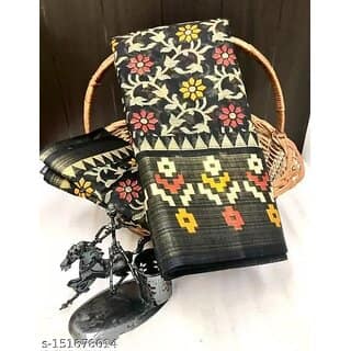 Black Colour Cotton Printed saree With Blouse Piece