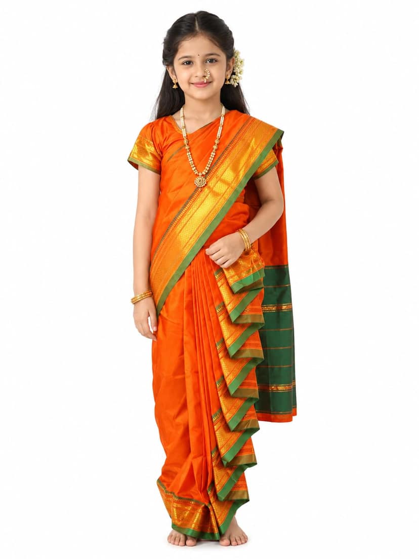 luster Shahi Mastani Nauvari saree for kids/girls Ready-to-wear with a stitched blouse, Traditional Maharashtrian Marathi saree, for School program ganpati pujas festival (Mustard, 9-10 Years)