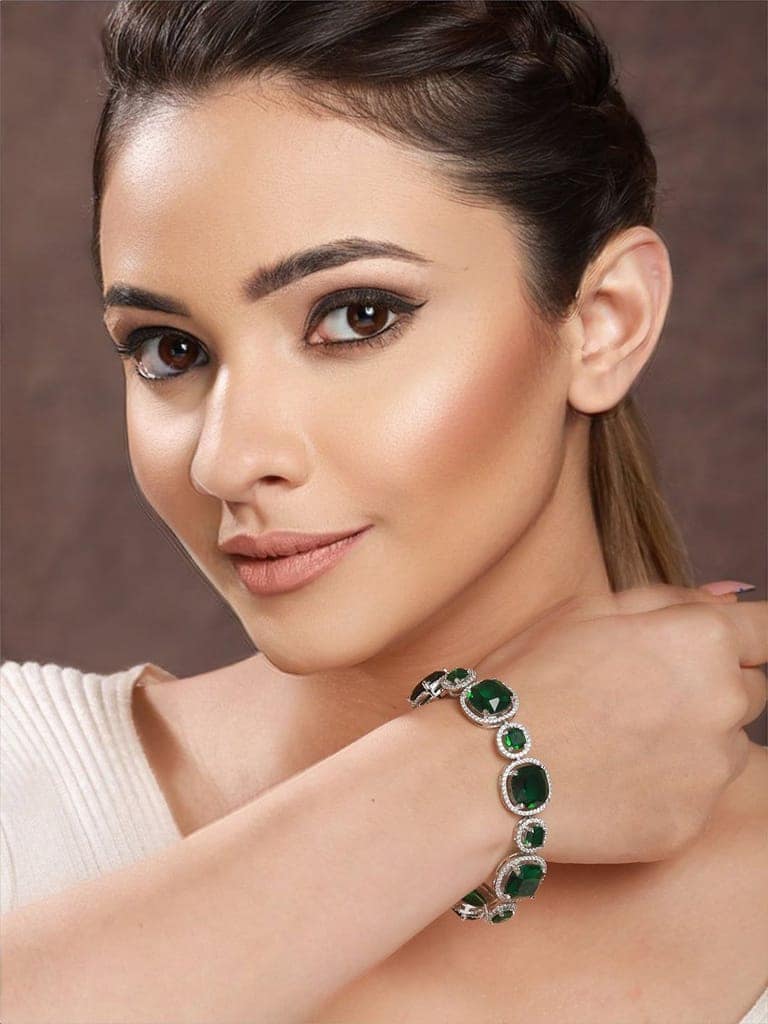 Rhodium Plated Green CZ Studded Wraparound Tennis Bracelet view 2
