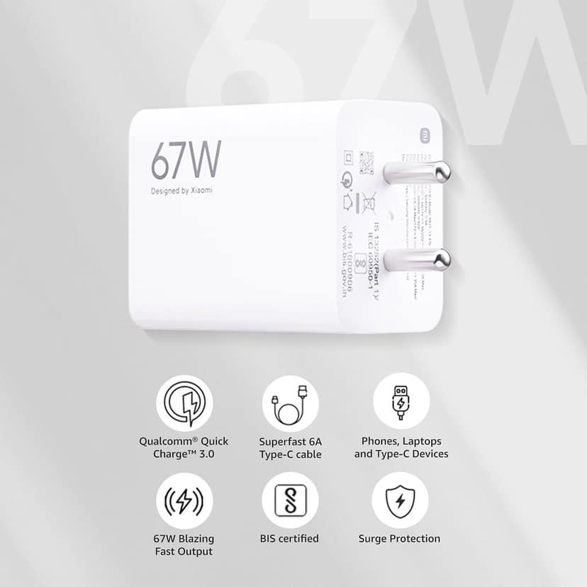 Xiaomi 67W Fast Charger Combo/Rapid Charging with Qualcomm Quick Charge 3.0. Includes USB Type-C 6A Fast Charge Cable. Compatable with mobiles, laptops, and Power Banks (White) view 2