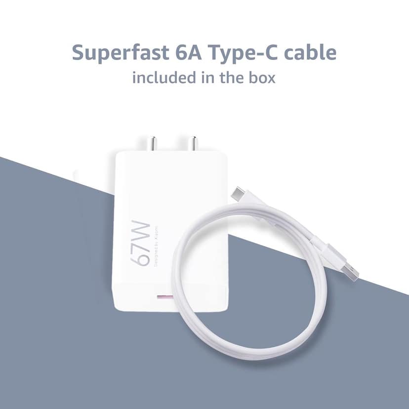 Xiaomi 67W Fast Charger Combo/Rapid Charging with Qualcomm Quick Charge 3.0. Includes USB Type-C 6A Fast Charge Cable. Compatable with mobiles, laptops, and Power Banks (White) view 5