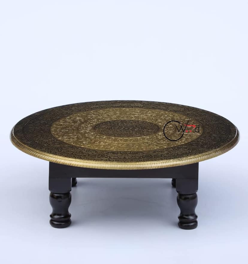 Wood To Cart® Pooja Bajot Stool/Pooja Decor/Chowki/Patla/Chowki for Daily Prayer/Sitting Chowki for All Purpose(Round Gold bajot-18x18x6 inches) view 2