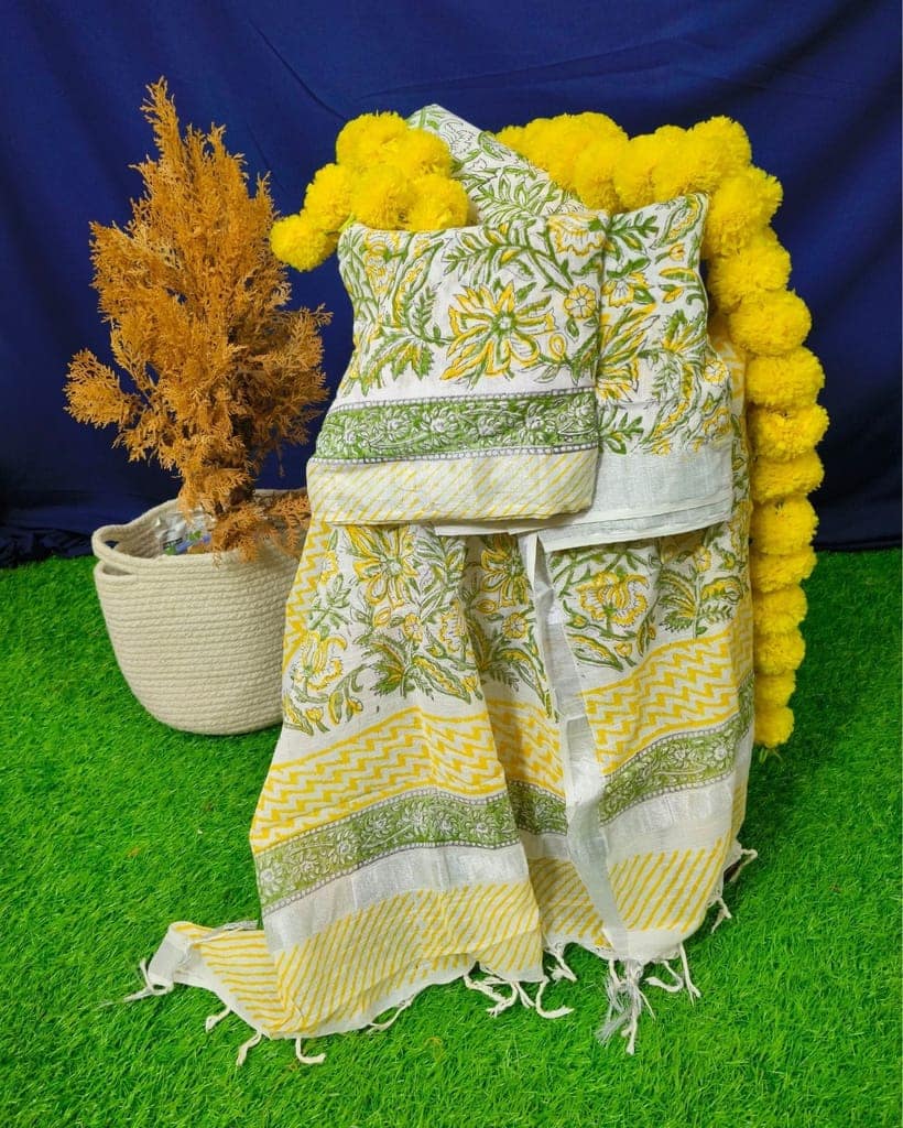 Linen Suit Set Off White Color with Cotton Bottom, Linen Top and Dupatta Handblock Printed-6132 view 2