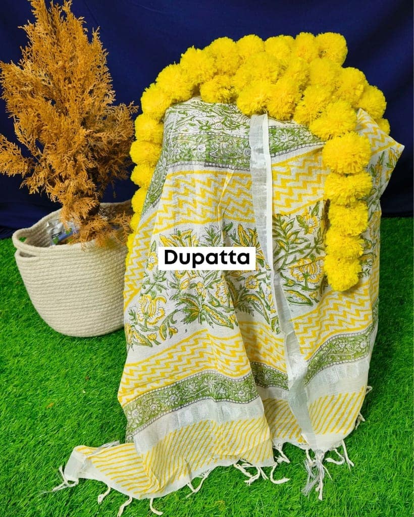 Linen Suit Set Off White Color with Cotton Bottom, Linen Top and Dupatta Handblock Printed-6132 view 3