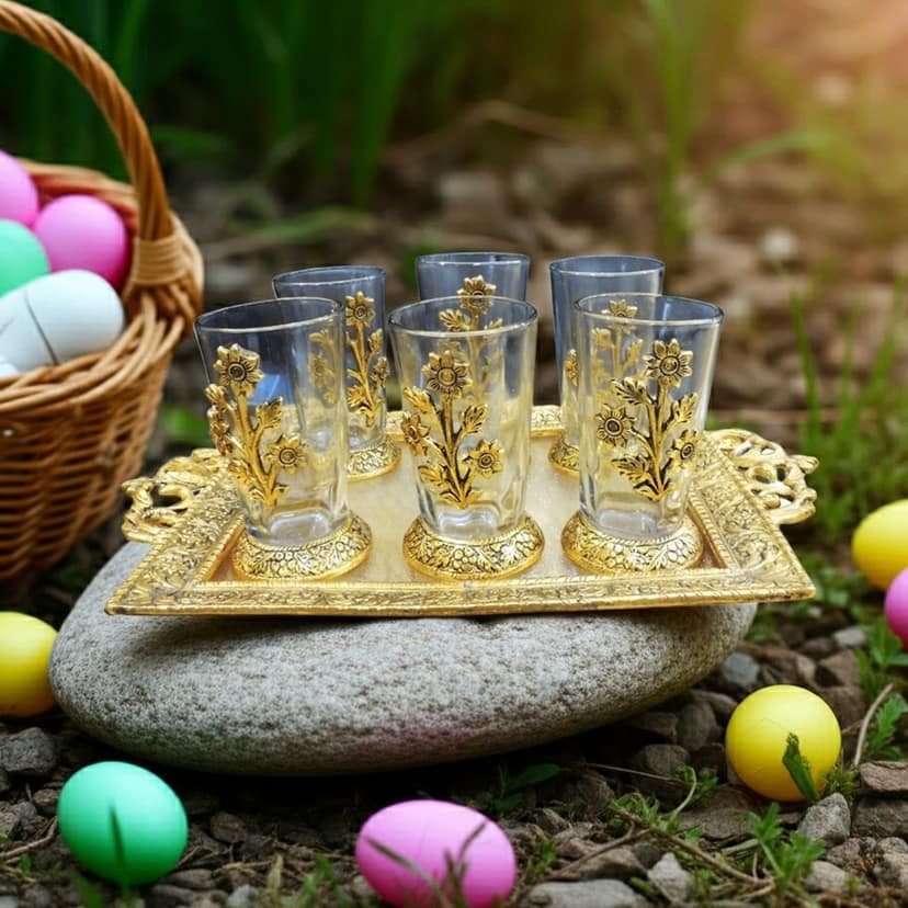 Aluminium Decorative Glass Set with Tray (6 Pieces) | Luxury Serving Set for Home & Gifting, Height : 1 Inch (ASMAS322 A) view 2