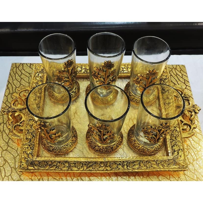 Aluminium Decorative Glass Set with Tray (6 Pieces) | Luxury Serving Set for Home & Gifting, Height : 1 Inch (ASMAS322 A) view 3