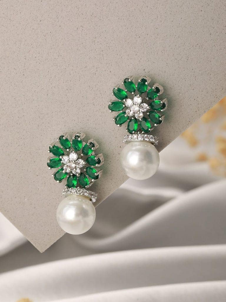 Silver Plated Green AD & Pearl Beaded Floral Earrings view 2